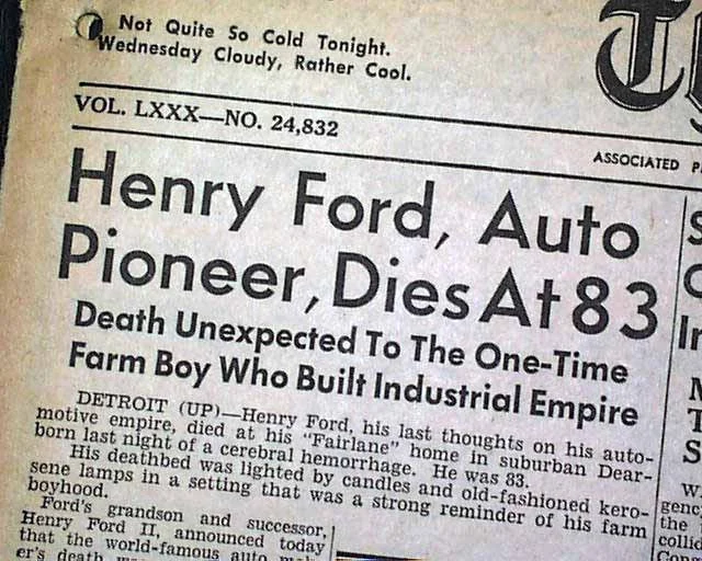 Artikkel om Henry Fords død 1947
